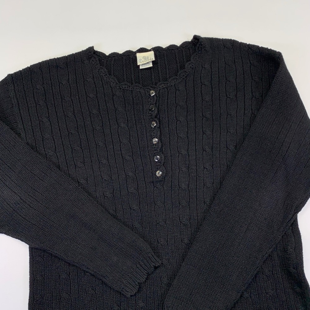 VINTAGE‎ Cascade Blues Henley Sweater Medium Black Ramie Cotton Cable Knit 90s
